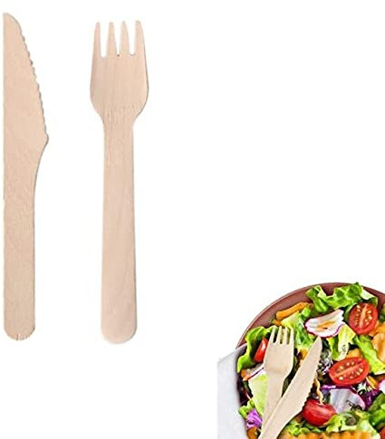 MAQA Juego de cubiertos de madera de abedul, 100 piezas, biodegradables y compostables, tenedor y cuchillo embalado individualmente con servilleta