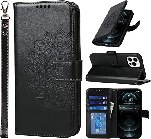 ELTEKER Handyhülle iPhone 12, iPhone 12 Pro Hülle, [3 Kartenfächer] [Magnet Verschluss] Leder Eleganter Prägung Schutzhülle Ledertasche Klapphülle Hülle für iPhone 12/12 Pro, Schwarz