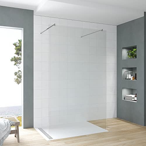 Walkin Dusche Freistehend 77 cm breit 200 cm hoch Begehbare Duschabtrennung Duschwand Glas Duschtrennwand Echtglas ESG 8 mm klar Nano Beschichtung Stabilisator Chrom | OHNE Wandprofil OHNE Duschwanne