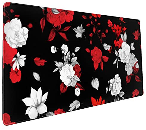 Sweetshow Tapis de souris rouge et noir 90 x 40 cm XXL imprimé floral blanc rouge grande base antidérapante en caoutchouc grand tapis de clavier avec bords cousus pour jeux et bureau