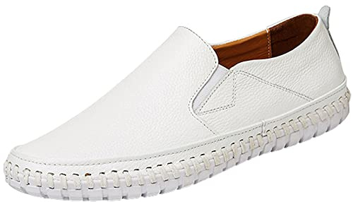 rismart Mocassin Homme Décontracté Plat Cuir à Enfiler Conduire Chaussure Chaussons Blanc,44