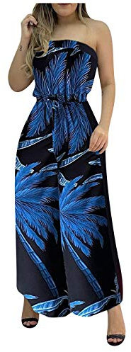 A/D Damen Off Shoulder Floral Printed Wide Leg Jumpsuits Tube Tops Kordelzug Plissee Hohe Taille Party Strampler S-XXL, blau, L