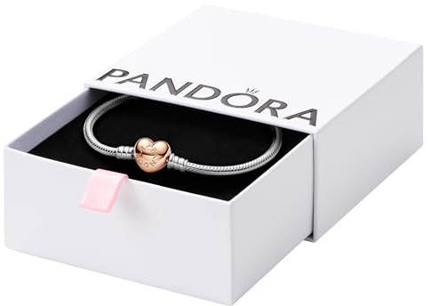 PANDORA Moments Women's 14k Rose Gold-Plated and Sterling Silver Heart Clasp Snake Chain Bracelet for Charms, Size 18, With Gift Box