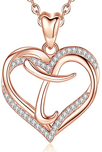 INFUSEU Herz Kette mit Buchstaben, T Rosegold Brief Schmuck Cubic Zirconia CZ für Frauen Frau Frau Mutter Freundin romantische Geschenke, 20-Zoll-Kette