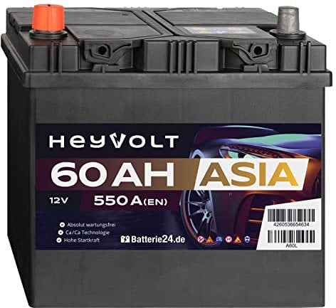 HeyVolt Asia Autobatterie 12V 60Ah 550A/EN Starterbatterie, absolut wartungsfrei, Pluspol Links