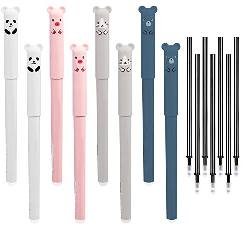 Ailvor Radierbarer Kugelschreiber, 8 Stück Tintenroller Radierbar mit 20 Nachfüllungen, Cartoon Löschbarer Stift, 0.35mm Erasable Pen Set für Studenten Geschenk, Schul Bürobedarf(Schwarz)