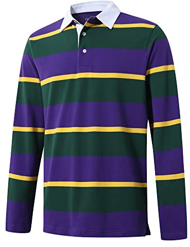 Men's Polo Shirts Long Sleeve Striped Dry Fit Casual Collared Pique Golf Polo Shirts for Mens, Dark Purple, Medium