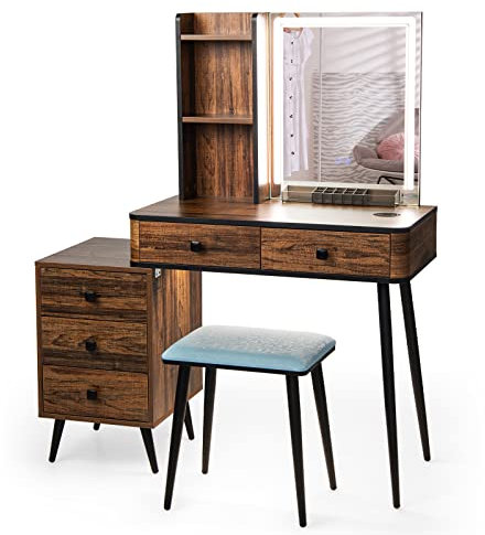 RELAX4LIFE Dressing Table and Stool Set, Vanity Desk Set with 5 Drawers, Storage Shelves, 3-Color LED Lights & Charging Function, Makeup Dresser Desk Bedroom Furniture (Brown, Rectangular Mirror)