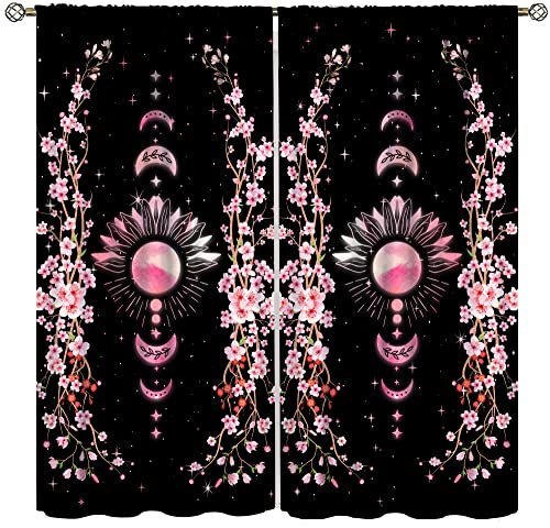 Flower Moon Curtains, Japanese Style Cherry Blossom Blackout Curtains for Bedroom, Black Pink Phase Moonlit Garden Aesthetic Nature Plants 42W x 84L inch x 2 Panels