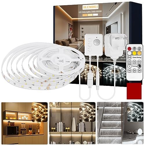 5M Motion Activated LED Strip Lights, Ultra Brighter 150LEDs Motion Sensor Light Strip with Timer & Remote,Cuttable Dimmable 3000-6000K 12V LED Tape Light,Indoor Night Light for Bed Wardrobe Stair