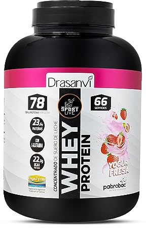 SPORT LIVE Concentrado de proteinas de suero de leche | Whey Protein en polvo con L-Glutamina y L-Leucina | Ayuda a aumentar tu masa muscular | Mejora tus batidos |Yogur-Fresa | 2 KG