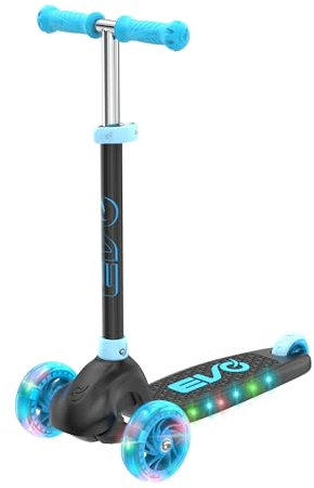 EVO Eclipse Leuchtender Tretroller mit 3 Rädern für Kinder im Alter von 3-12 Jahren | Verstellbarer Lenker Push Ride-On mit LED-Rädern | Faltbarer Roller für Jungen & Mädchen - Blau