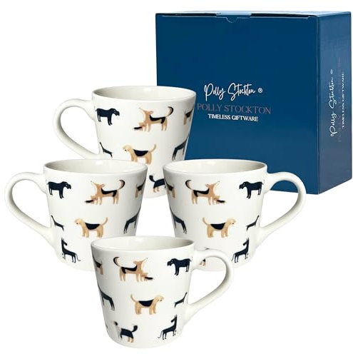 Polly Stockton Tazas de café y té de cerámica con diseño de animales encantadores, artículos para el hogar de buen gusto, un regalo pensado para todos los amantes de los animales, juego de 4,