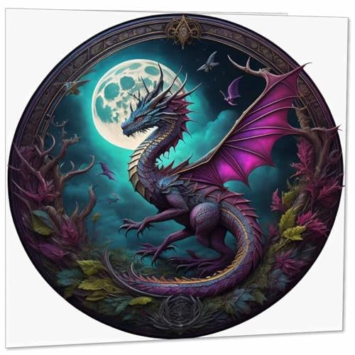 Purple Dragon Grußkarte – Fantasy-Drachen-Mond-Karte, 145 mm x 145 mm