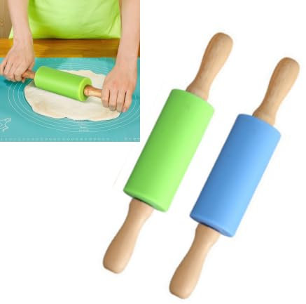 Rouleau à Pâtisserie en Silicone Antiadhésif, Rouleau à pâtisserie Coque en Silicone antiadhésif Surface Manche en Bois, 23,5 X 4,2 cm - Pour Enfants - Bleu, Vert