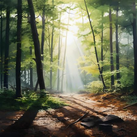 adrium Acryl-Bild 100 x 100 cm: Morgen im grünen Wald. Natürlicher Hintergrund. Digitaler Maleffekt. (209290263)