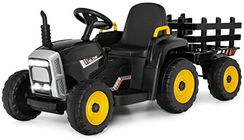 COSTWAY Trattore con Rimorchio Cavalcabile per Bambini 12V, Trattore Elettrico Telecomandato, con Luci e Suoni, 30kg, 3+ Anni (Nero)
