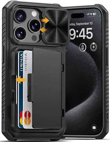 Vihibii for iPhone 15 Pro Case with Card Holder (4 Cards) & Slide Camera Cover & Kickstand, Shockproof Rugged Hard Back & TPU Soft Edge Wallet Phone Case for iPhone 15 Pro 5G 6.1 2023, Black