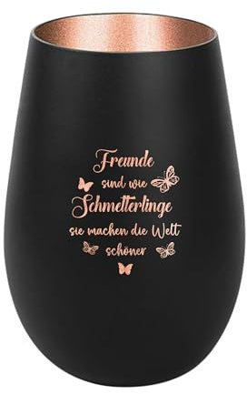 Der-Porzellan-Laden Windlicht mit Gravur Freunde sind wie Schmetterlinge, Schwarz Bronze, Teelichthalter aus Glas mit Spruch, Tischdeko modern