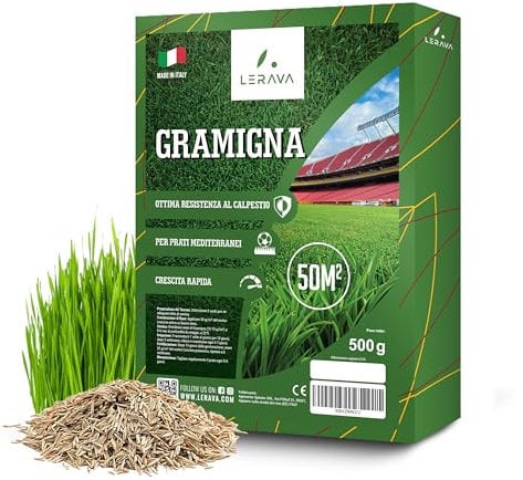 LERAVA® Semi Gramigna per Prato [Calpestabile] - 50m² - semi prato gramignone resistente alla siccità - Ideale per prati mediterranei e costieri - Consuma 20% meno acqua - 500g gramigna semi
