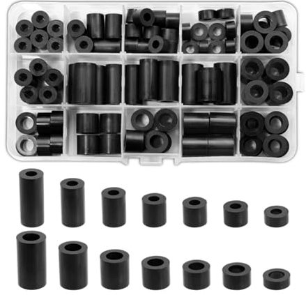 90 Pcs ABS Round Spacers Washers Assortment Kit, Insulation Spacer for M6 M8 Screws Non-Threaded Column Standoff Spacer with Plastic Box, 14 Different Sizes