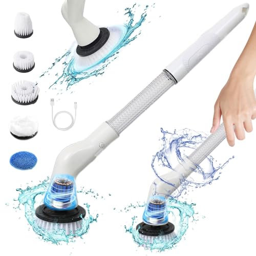 Fregadores Eléctricos Giratorios De Alta Velocidad, Cepillo De Limpieza Inalámbrico 490 RPM, 5 Cabezales De Cepillo Reemplazables, Mango De Extensión Ajustable, Fregador De Ducha Eléctrico For Baño, C