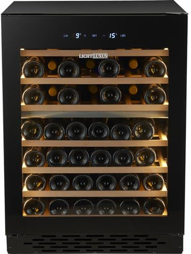 LichtLuxus Weinkühlschrank 2 Zonen für 71 Flaschen, Einbaugerät mit Kühlung 5–20 ºC, Leise 37 dB, Touch-Steuerung, Glastür, 59.5×57.5×82 cm, Schwarz