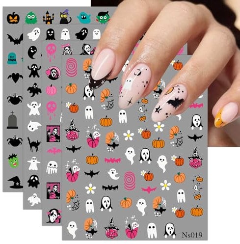 JMEOWIO 3D Embossed Halloween Nail Art Stickers Decals Self-Adhesive 5D Cute Pink Ghost Pumpkin Nail Supplies Nail Art Design Decoration Accessories 4 Sheets