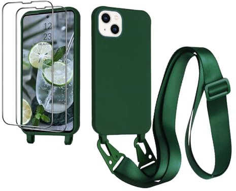 CaseLover Handykette kompatibel mit iPhone 13/iPhone 14 Hülle mit Band, Premium Silikon Necklace Handyhülle mit 2 Stück Schutzfolie Verstellbarer Kordel zum Umhängen Stossfest Schutzhülle, Dunkelgrün