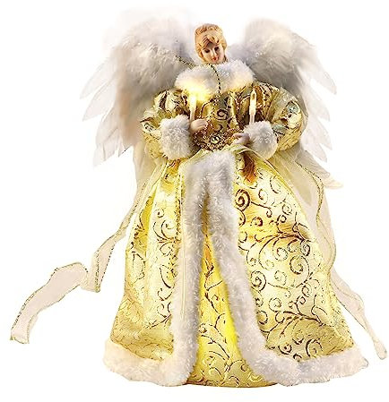 Yallmie Puntale Albero di Natale Angelo, 32cm Tessuto Angelo Per Albero di Natale con Ali di Piume e luci led, puntale albero di natale luminoso angel tree topper per Decorazione Natalizia (02)