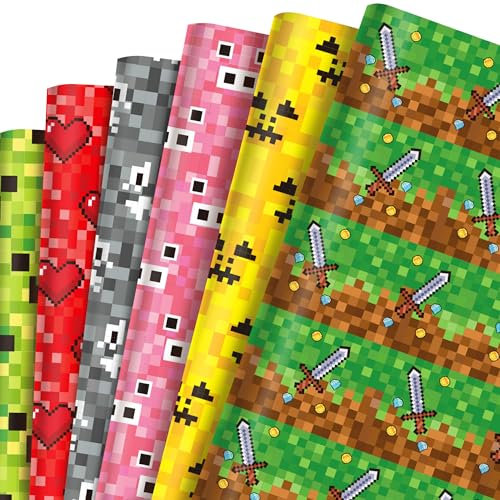 Geschenkpapier im Pixel-Stil, Pixel-Muster, Geschenkpapier für Videospiele, Party, Geburtstag, Party, DIY, Geschenkverpackung, 50,8 x 68,9 cm, 12 Blatt