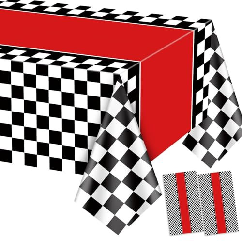 PIXHOTUL 2 Pieces Racing Car Tablecloths, Race Car Birthday Party Decorations Black Checkered Plastic Table Cover Table Runner for Kid Boy Birthday, Race Car Theme Party, 130 x 220 cm