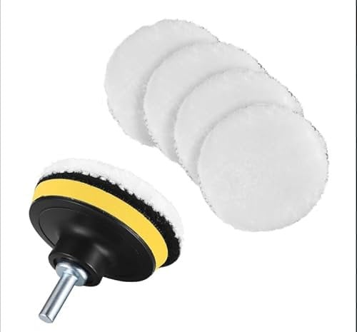 5 Stk 5 Zoll Auto Polierhauben,Wolle Polierpads Lammwollhaube, Wolle Polierteller, Polierhaube Wollpad Polierfell Kit für Polierauto Poliermaschine Bohrmaschine, mit Bohrer Adapter