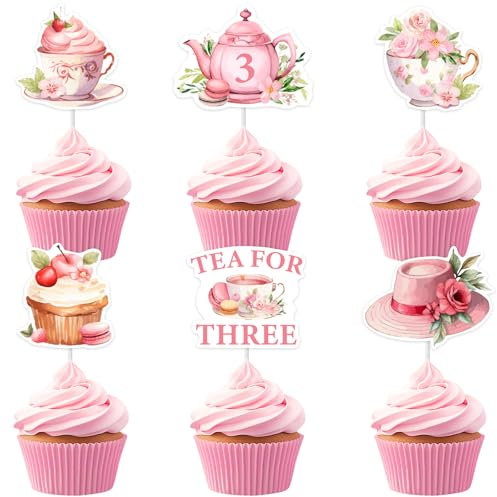 Cheereveal 24Pcs Pink Tea Party 3rd Birthday Cupcake Toppers, Tea for Three Decorations, Garden Spring Vintage Teapot Themed Third Bday Baby Shower Party Decor Supplies