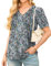 GRECERELLE Ladies Tops V Neck Puff Short Sleeve T Shirt for Women Summer Tunic Tops Womens Casual Pleated Floral Printed Blouses Tee (Black Anemone, XL)