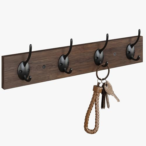 BAMEOS Wandhaken ohne Regal - Eingangswandregal aus Holz, 4 Doppelhaken, Wandmontierter Kleiderhakenständer für Bad, Wohnzimmer, Schlafzimmer (Braun)