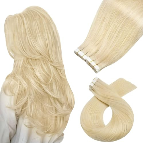 Moresoo Blonde Tape Hair Extensions Human Hair Platinum Real Hair 24 Inch | Salon Quality, Adds Volume to Fine Hair, Long Lasting Hold, For Wedding and Party Styling, Adds Dramatic Length, Dyeable