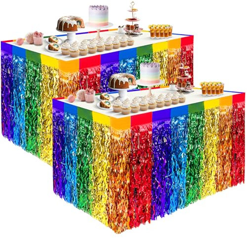 Jremreo 2er-Pack 0,76 x 2,74 m Regenbogen-Metallic-Folien-Tischrock, Bunte Wellen-Lametta-Tischumrandung für Pride Month, LGBTQ-Pride-Party, Geburtstag, Hochzeit, Festival-Tischdekorationen