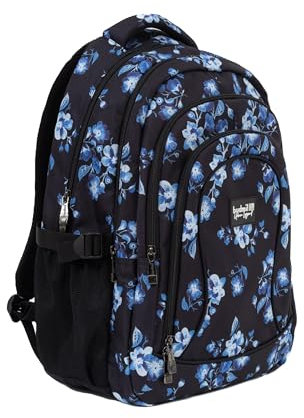 budmil Lynsey Schulrucksack für Jungen und Mädchen 45L - für Teenager Kinder ab Klasse 5 - wasserabweisend - Rucksack mit Laptopfach & 4 Fächer & belüftete Rückseite (Schwarz & Blau)