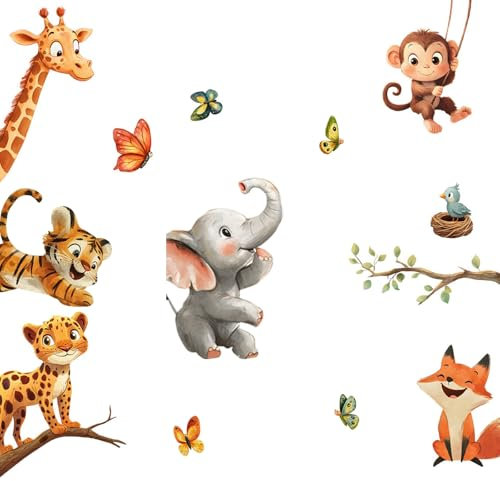 milaosk Wandtattoo Tiere Wandsticker Dschungel Giraffe Tiger Leopard Fuchs Affe Elefant Vogel Schmetterling Wandbilde Selbstklebend Aufkleber Wandaufkleber Kinderzimmer Babyzimmer Schlafzimmer Deko