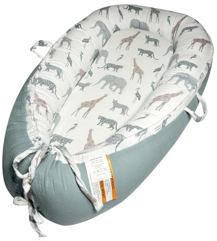 Little Grape Land Baby Nest Pod 90×65 cm, Reversible Double-Sided Muslin, Newborn Lounger 0–24 Months, 360° Bumper, Adjustable Ties, Portable Handles, Machine Washable, Safari
