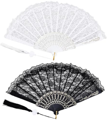 CREATCABIN 2Pcs Black White Lace Folding Fan Line Dance Popping Fan Lolita Embroidered Foldable Fan Clack Fan for Dancing Performence Party Wedding Decor Tea Party Fans Protable Cooling Hand Fan 10in