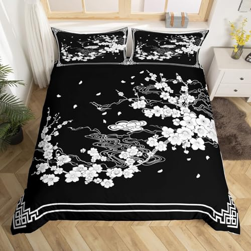 Homewish Parure de lit de style japonais pour enfants et adultes, literie vintage orientale chinoise pour lit simple, ensemble de couette esthétique à motif de cerisiers en fleurs, couvre-lit à fleurs