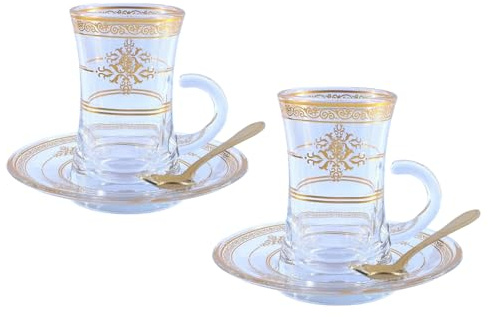 Bicchieri da tè turchi tazze e piattini, tazze da caffè espresso con motivo in rilievo oro, set di tazze da tè in vetro, tazza da tè da 120 ml con manico, 2 pezzi oro D
