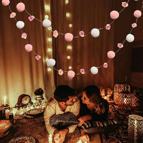 Pinke Lichterkette mit 20 niedlichen flauschigen Pompons, 20 rosa LED-Lichtern, batteriebetrieben mit Timer, für Mädchen, Schlafzimmer, Geburtstagsparty, Kinderspielhaus, Hochzeit, Valentinstag
