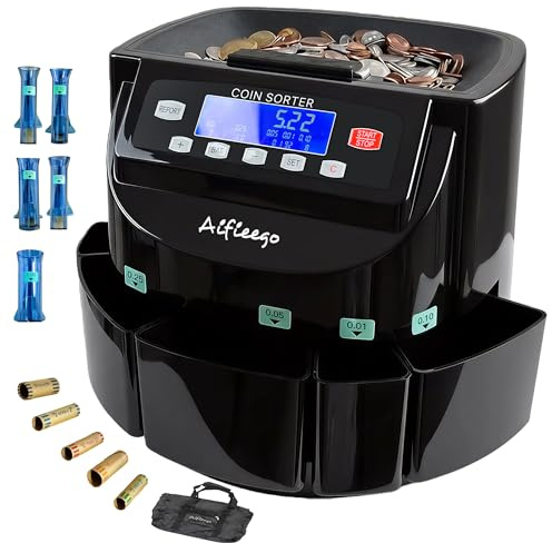 Aifieego Electric Coin Counter Sorter Machine with 50 Coin Wrappers,Automatic Change Counter Machine for US Coins Counting Rolling Sorting Wrapping (A Black)