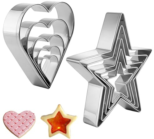 ELNX Juego de 10 Cortadores de Galletas Corazón y Estrella, Moldes de Acero Inoxidable para Repostería, Navidad, San Valentín y Cumpleaños, Cortapastas para Bizcochos y Fondant
