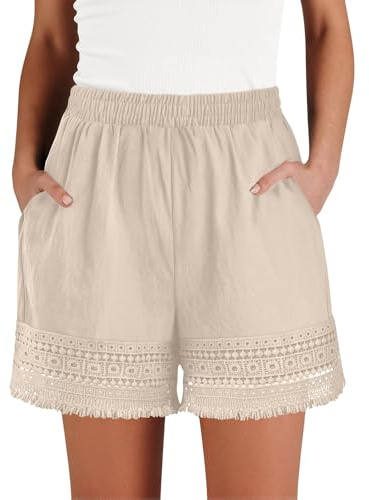 Kurze Hose Damen Sommer Baumwolle Shorts Bequeme Sommershorts Leicht Stoffhose High Waist Bermuda Shorts Baumwolle Leinenhose Kurz Spitzenbesatz Freizeitshorts mit Tasche