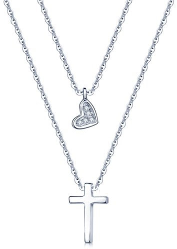 Yumilok 925 Sterling Silber Zirkonia Herz Kreuz Anhänger Halskette Verstellbare Kette mit Anhänger Doppel Kettchen für Damen Mädchen