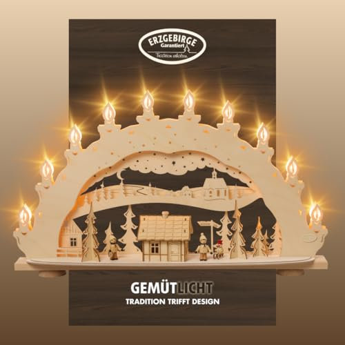 weigla - Schwibbogen original Erzgebirge I LED Lichterbogen Weihnachten I Motiv Winterzauberland I 10 Lampenkerzen + 1 Ersatzlampe I 10 x 23 V, 0,2 W, E10 I beleuchtete Weihnachtsdeko innen